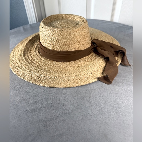 Scala Handcrafted Rafia Straw Sun Hat Wide Brim Chiffon Tie Womens One Size - Picture 1 of 10